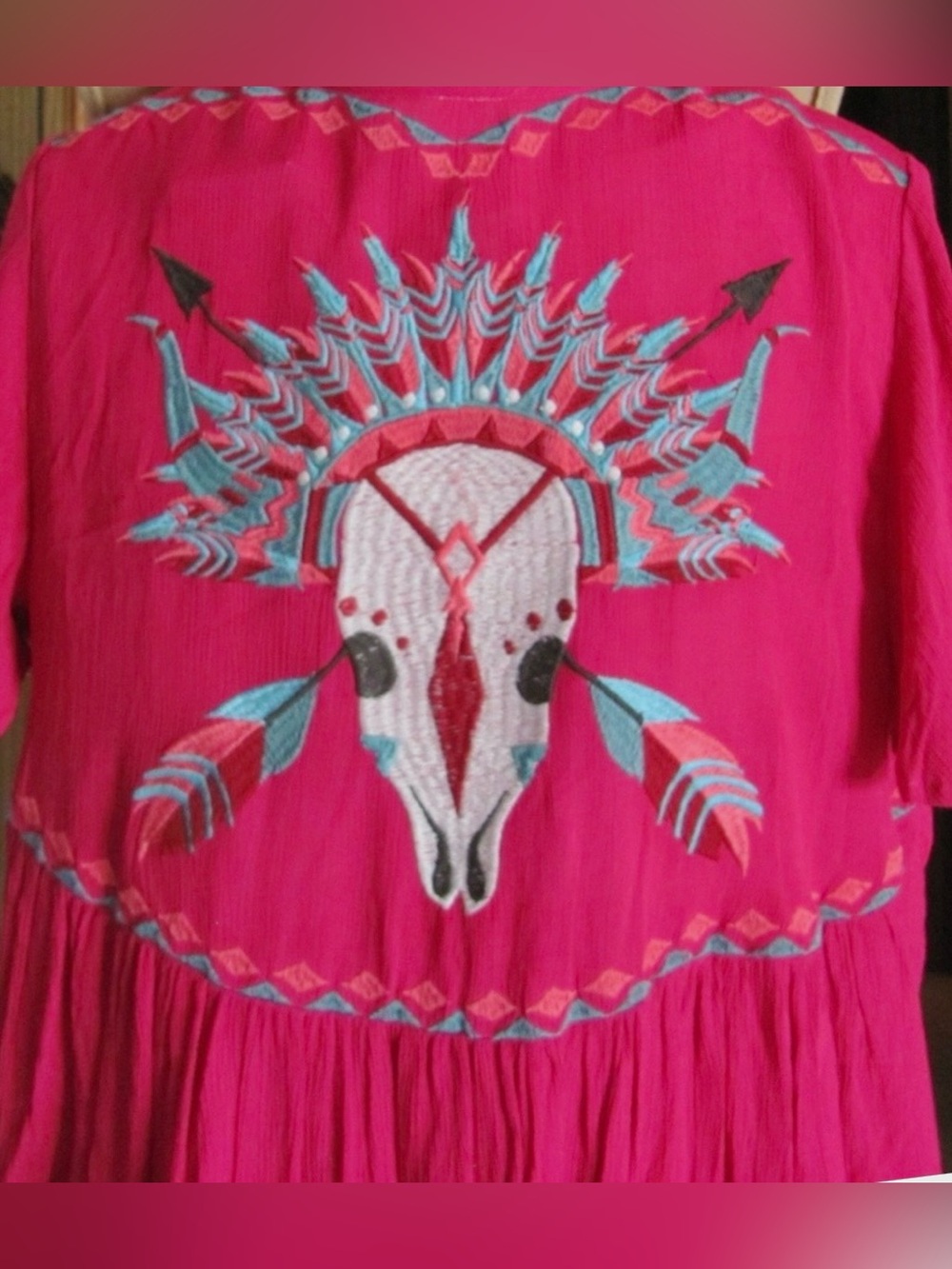 Roper Fuchsia Short Sleeve Cardigan with Skull & Feather Embroidery, Retail $65 - Picture 6 of 9